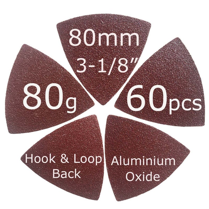 XXGO 60 Pcs 80 Grits 3-1/8 Inch 80mm Triangle Oscillating Tool Sanding Paper for Wood Sanding XG802080 - Image 2